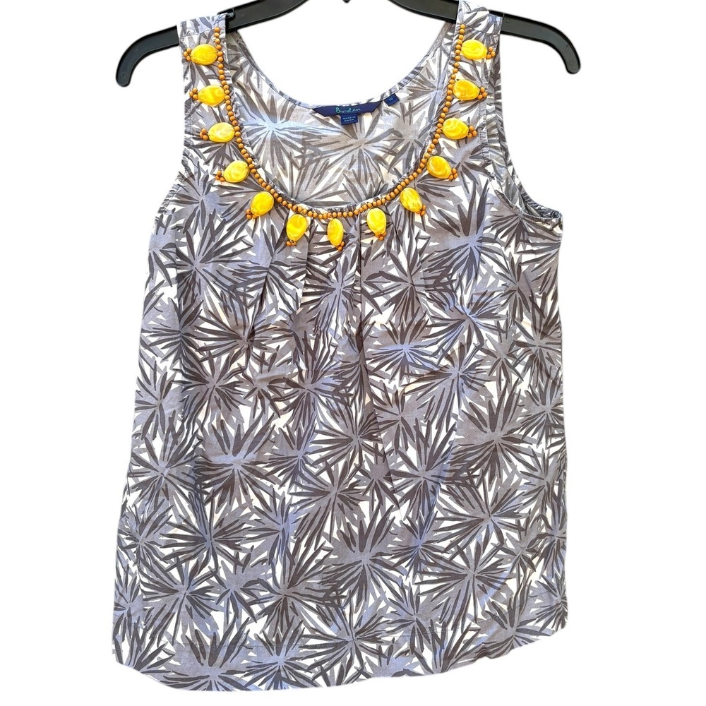 Boden Womens 10 Sleeveless Top Grey Yellow Beaded 100% Cotton Tropical Vacation